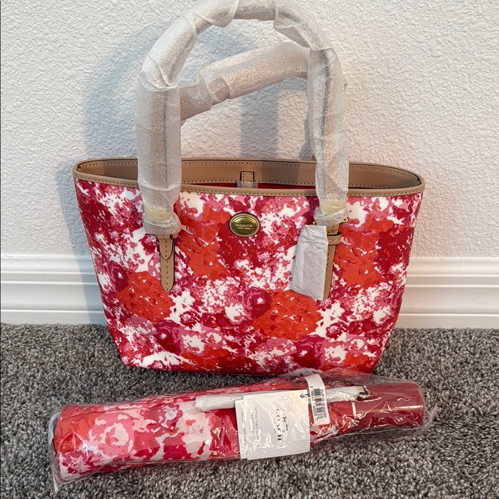 Coach Red and White Floral Tote Bag